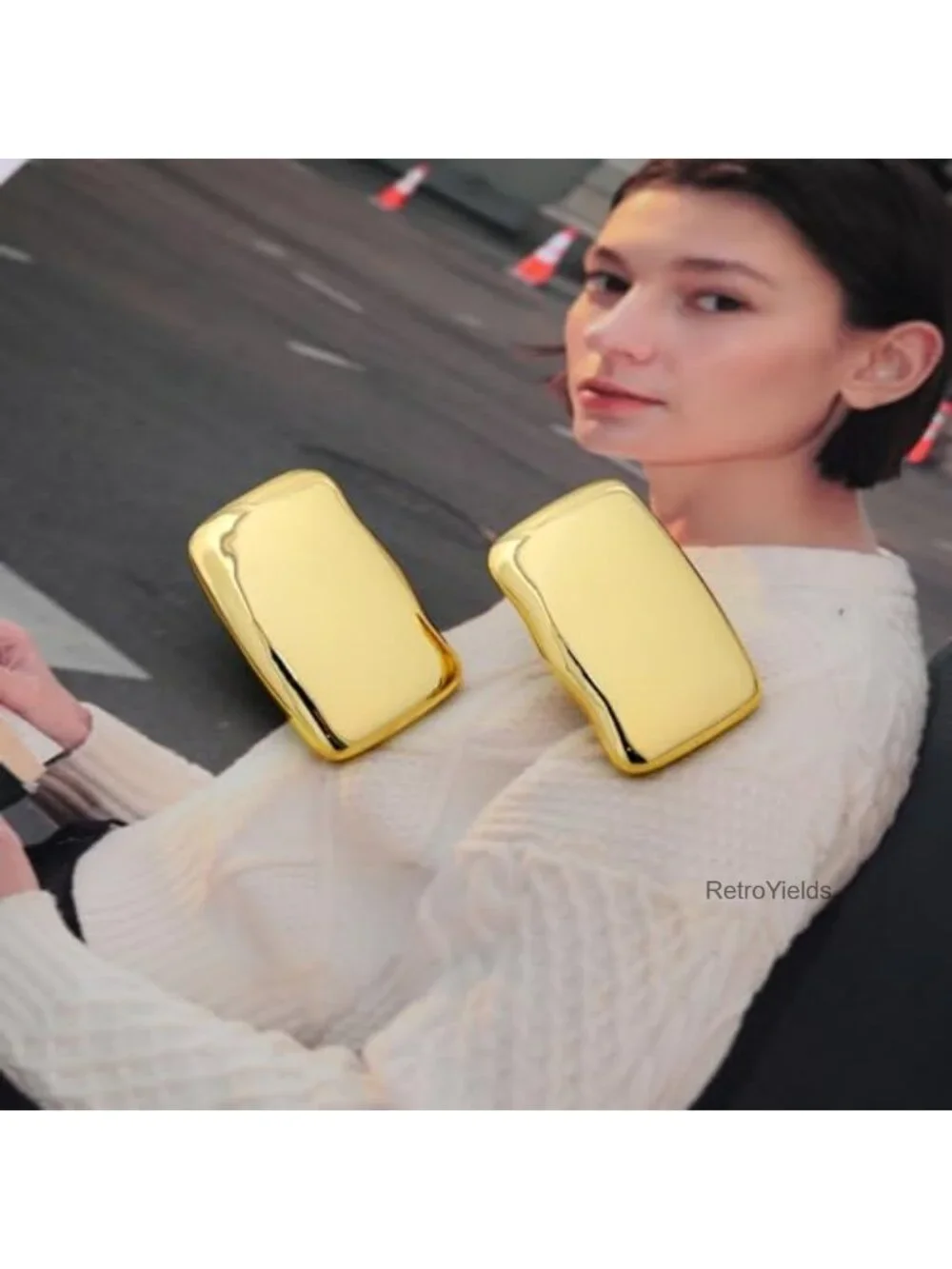 Chunky 14k Gold Plated Statement Drop Stud Earrings Geometric Large for Women